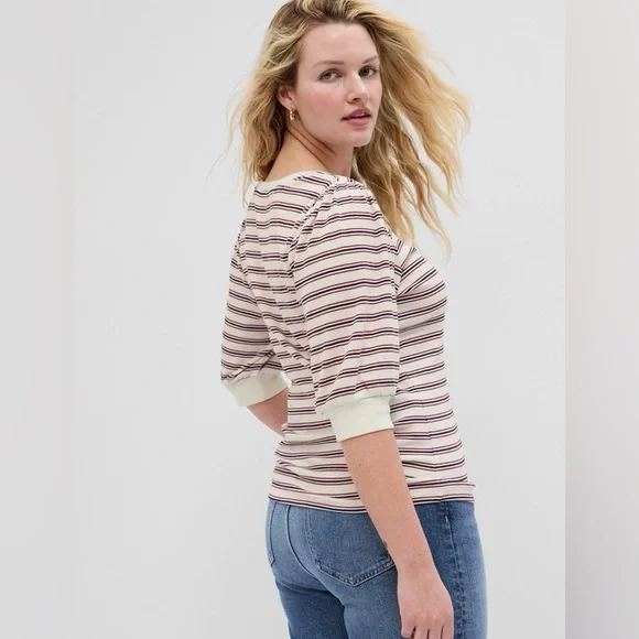 Gap Stripe Henley Puff Sleeve Top Size XXL - Picture 2 of 12